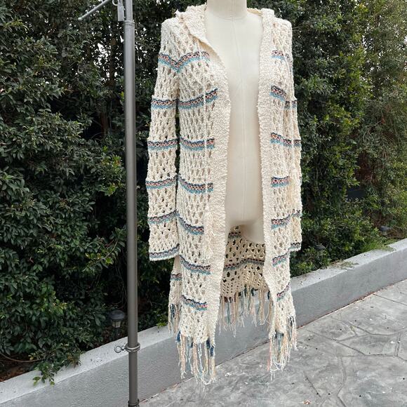 Free People Crochet Sunblock Cardigan Duster Sweater Bohemian Fringe Hippie - Picture 4 of 7